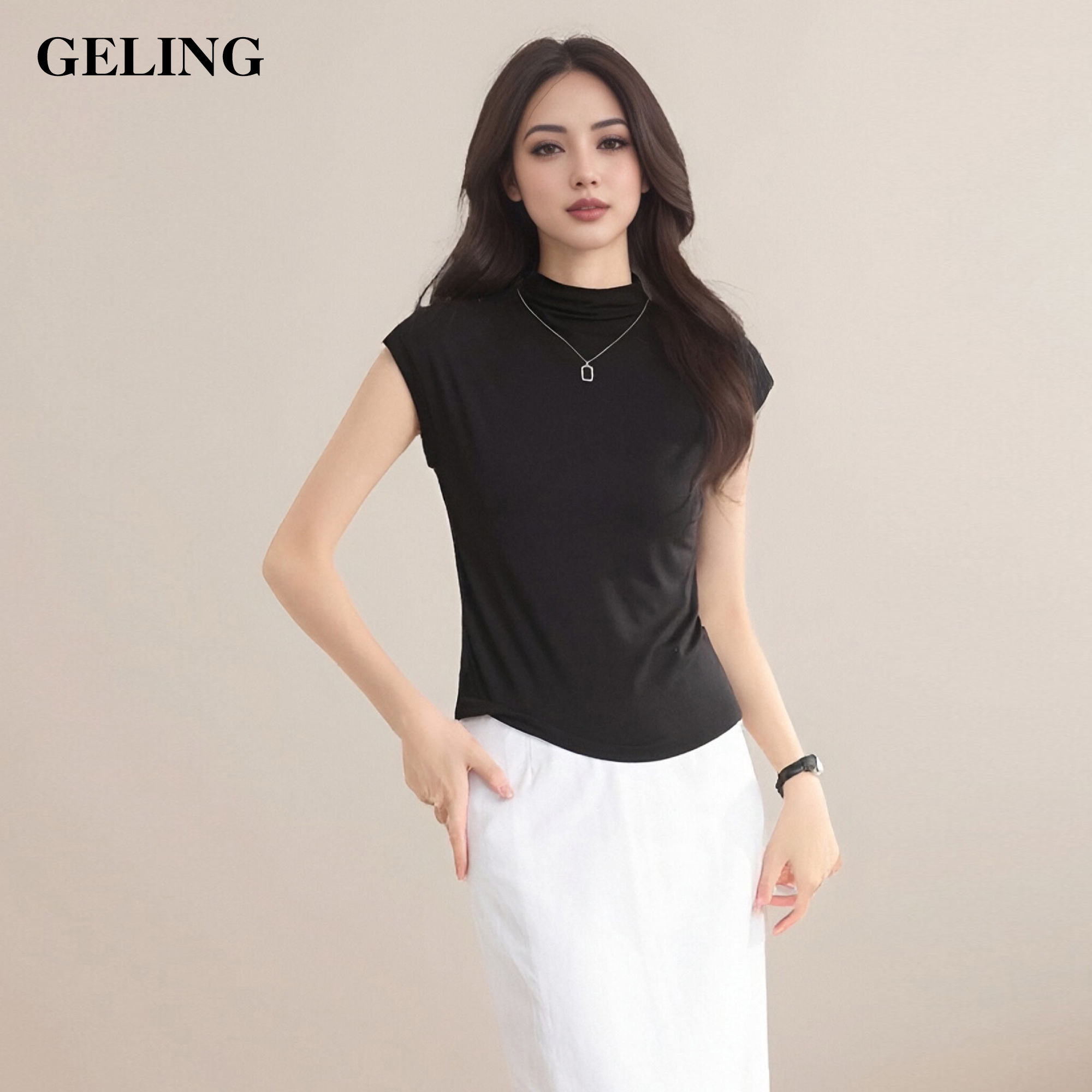 GELING/歌&玲半高领内搭纯色打底衫无袖坎肩T恤短上衣G505ZC50T