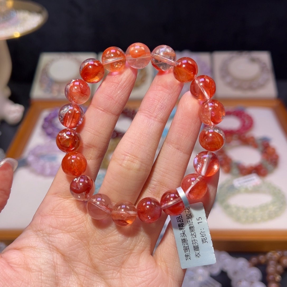 水晶手串未镶嵌10m收藏级金狮红胶花透冰体