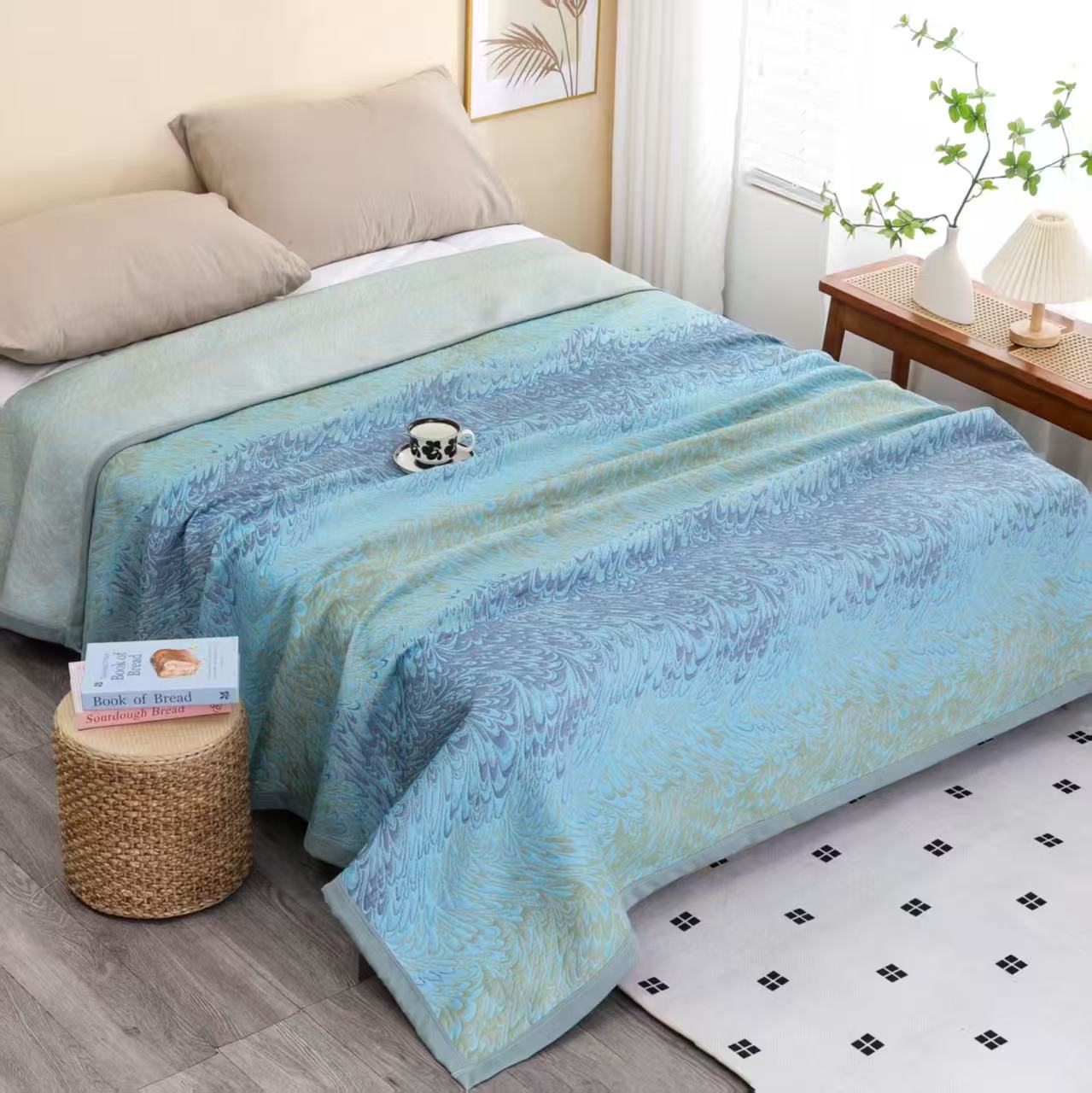 X【床盖-加大浪夕余音-蓝】230*250cm轻奢多功能四季通用定制床盖