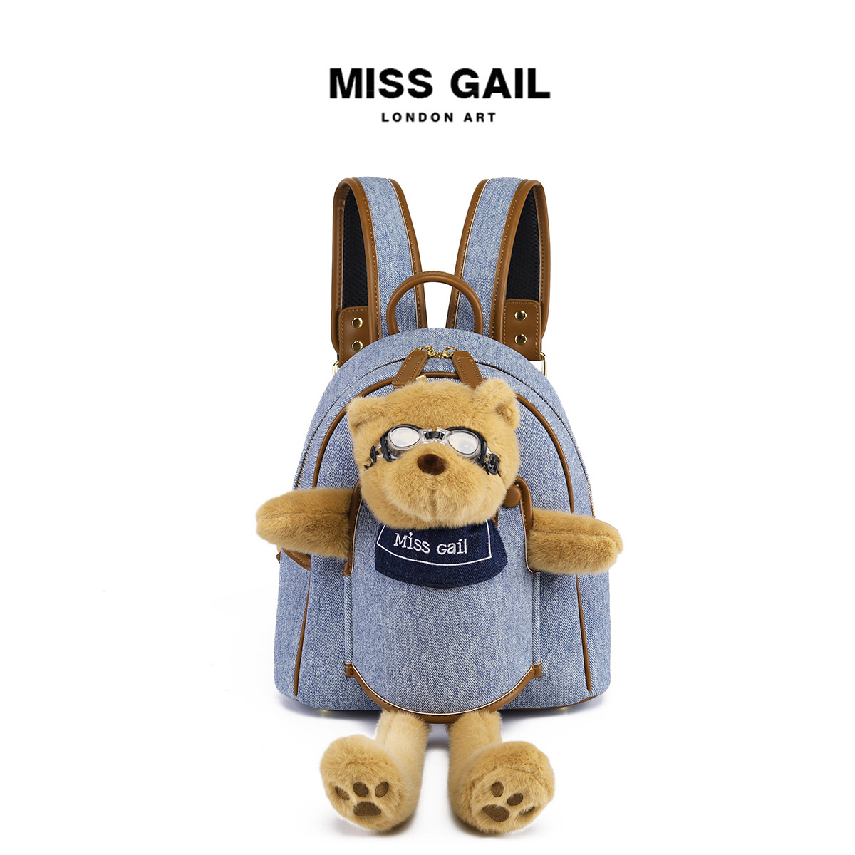 可爱小熊简约拉链百搭时尚潮流学院风双肩包1487牛仔蓝