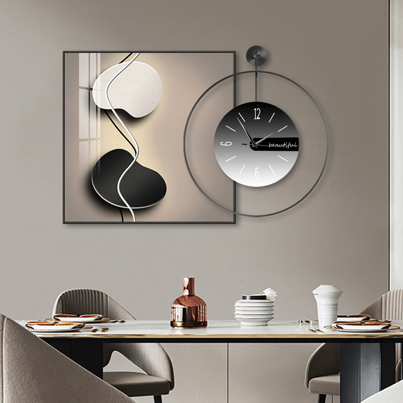 石来运转现代轻奢高档餐桌背景墙壁画餐厅装饰画带时钟表饭厅挂画