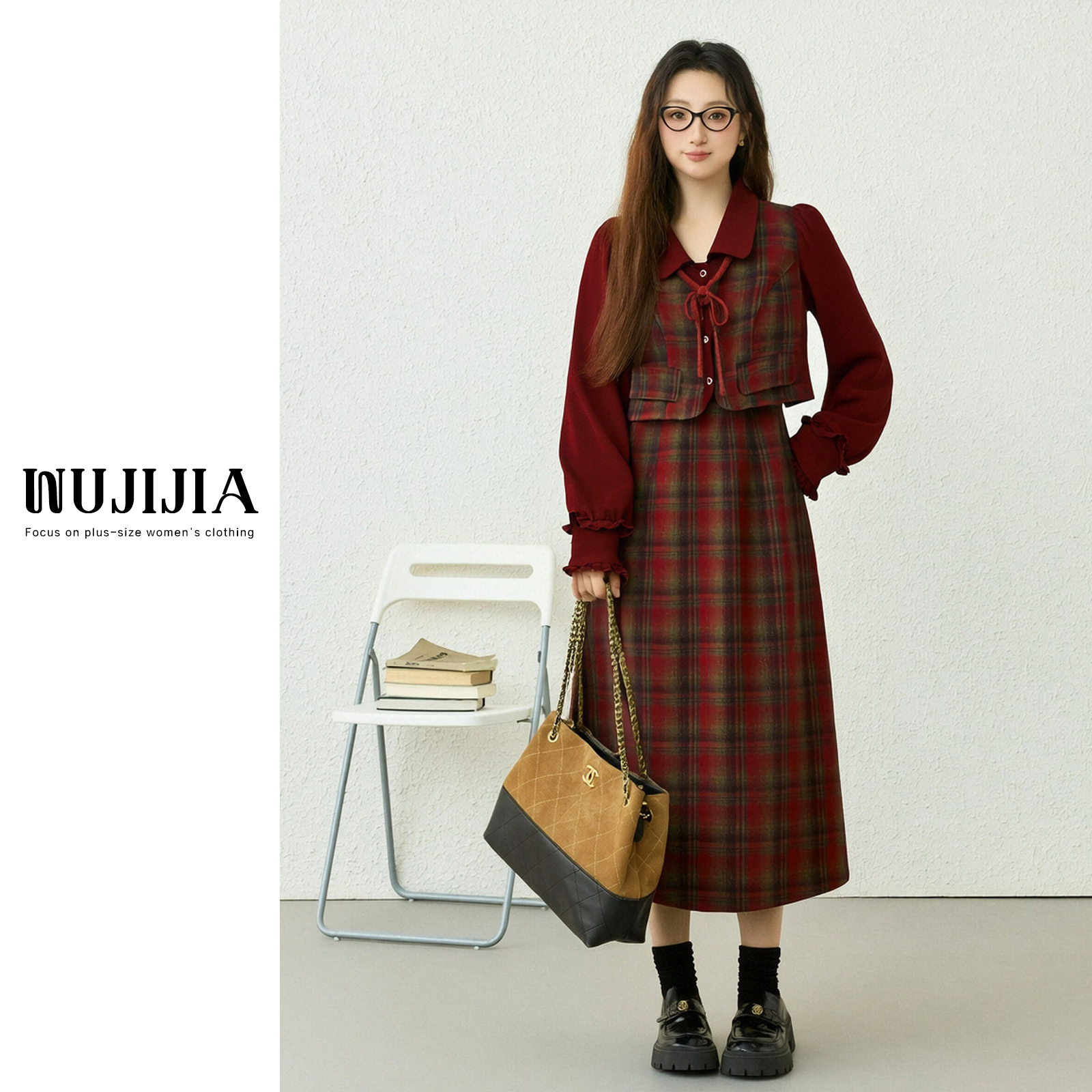 五季家大码女装冬季新款红格秋冬连衣裙秋季红色长款裙子ZL110956
