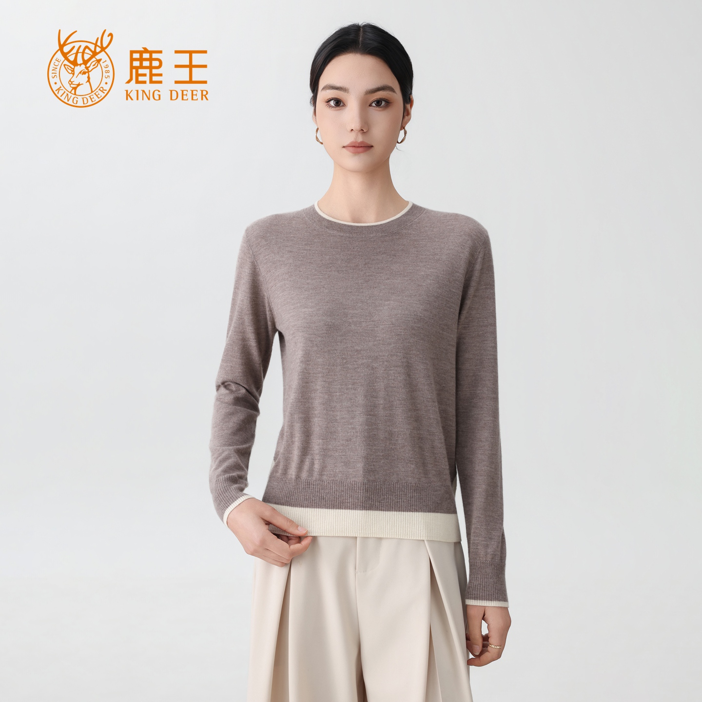 【精纺】鹿王25秋冬新款女圆领100山羊绒撞色百搭套衫 RS832