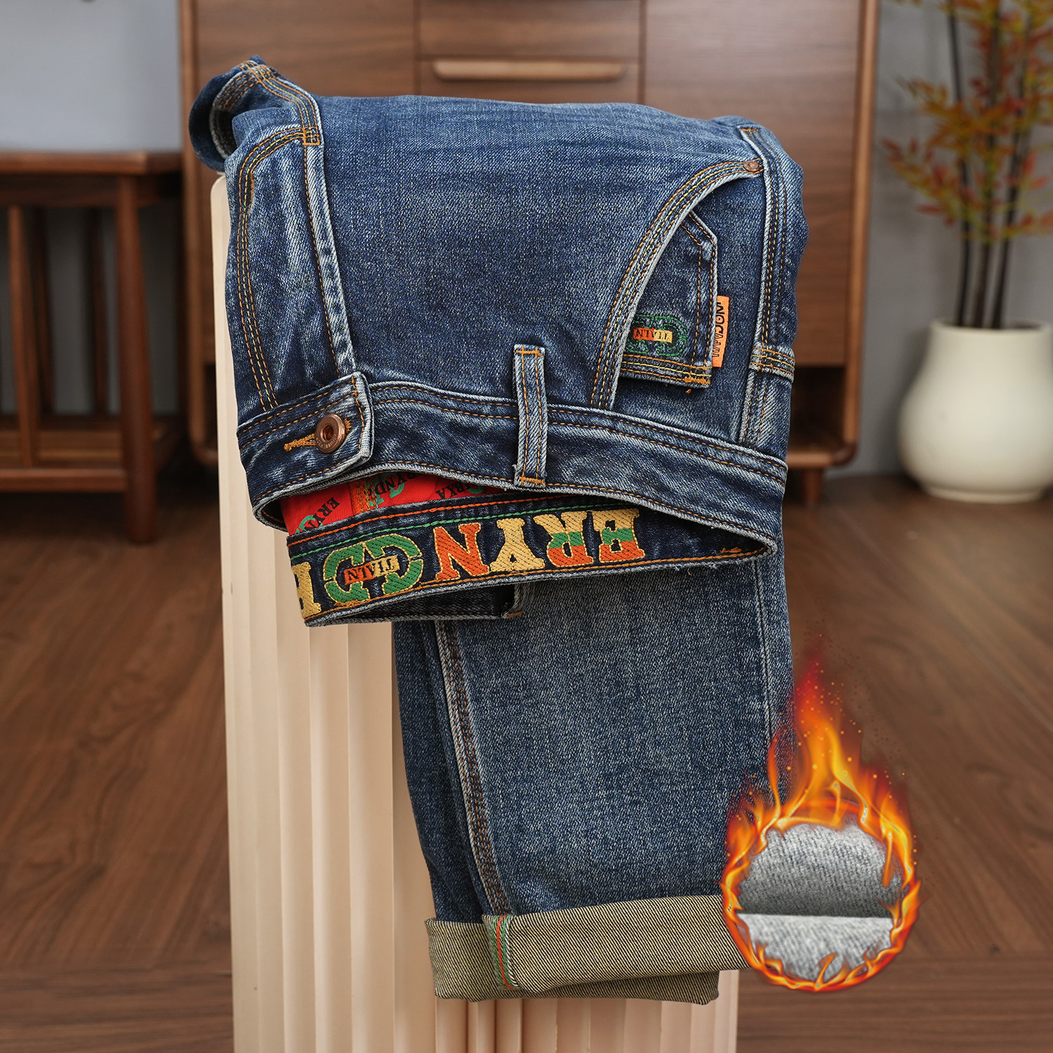 秋冬新款加绒厚款斜口袋复古男士牛仔裤抓绒修身直筒高端时尚934