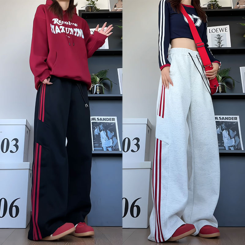 美式条纹拼接运动卫裤男女款秋季潮牌宽松阔腿裤大码休闲直筒裤子