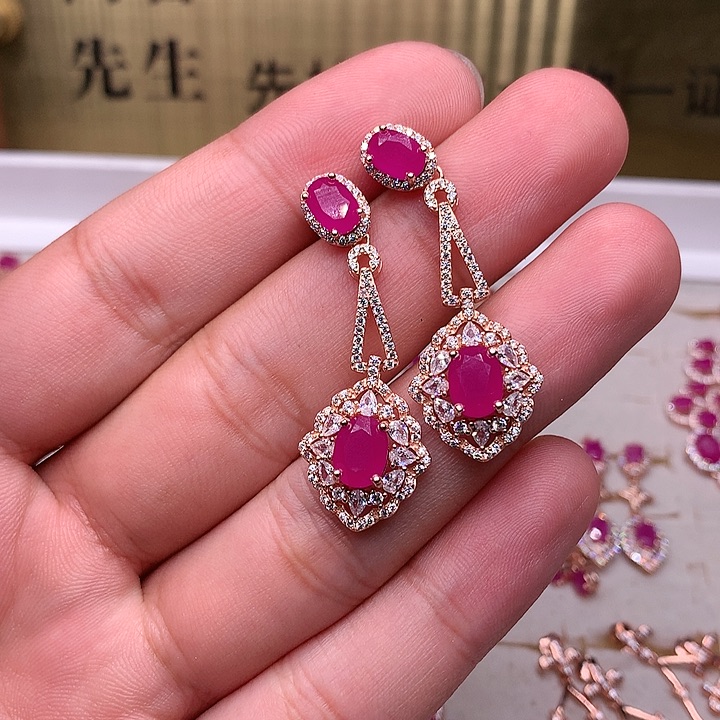 红宝石耳饰银S925镶嵌