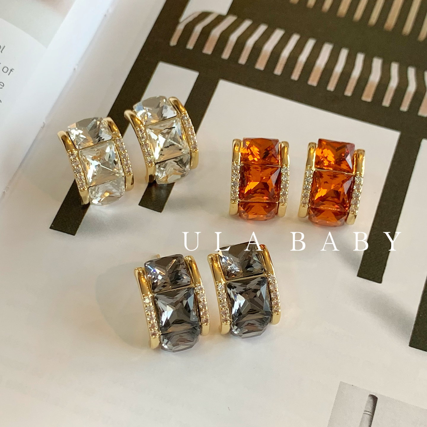 铜合金合成锆石耳饰 【喜儿ula】12-12-1时尚气质璀璨方糖潮流耳钉