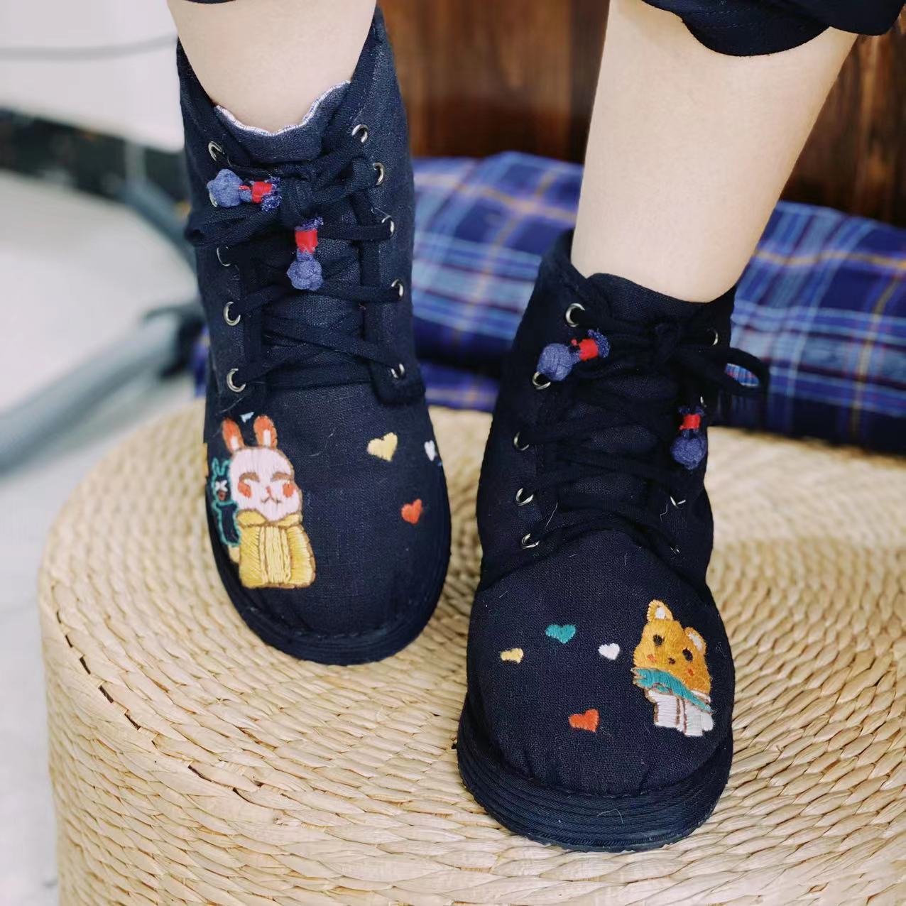 有钱花【可爱熊兔】纯手工千层底布鞋冬季絮棉花加厚系带保暖大棉鞋