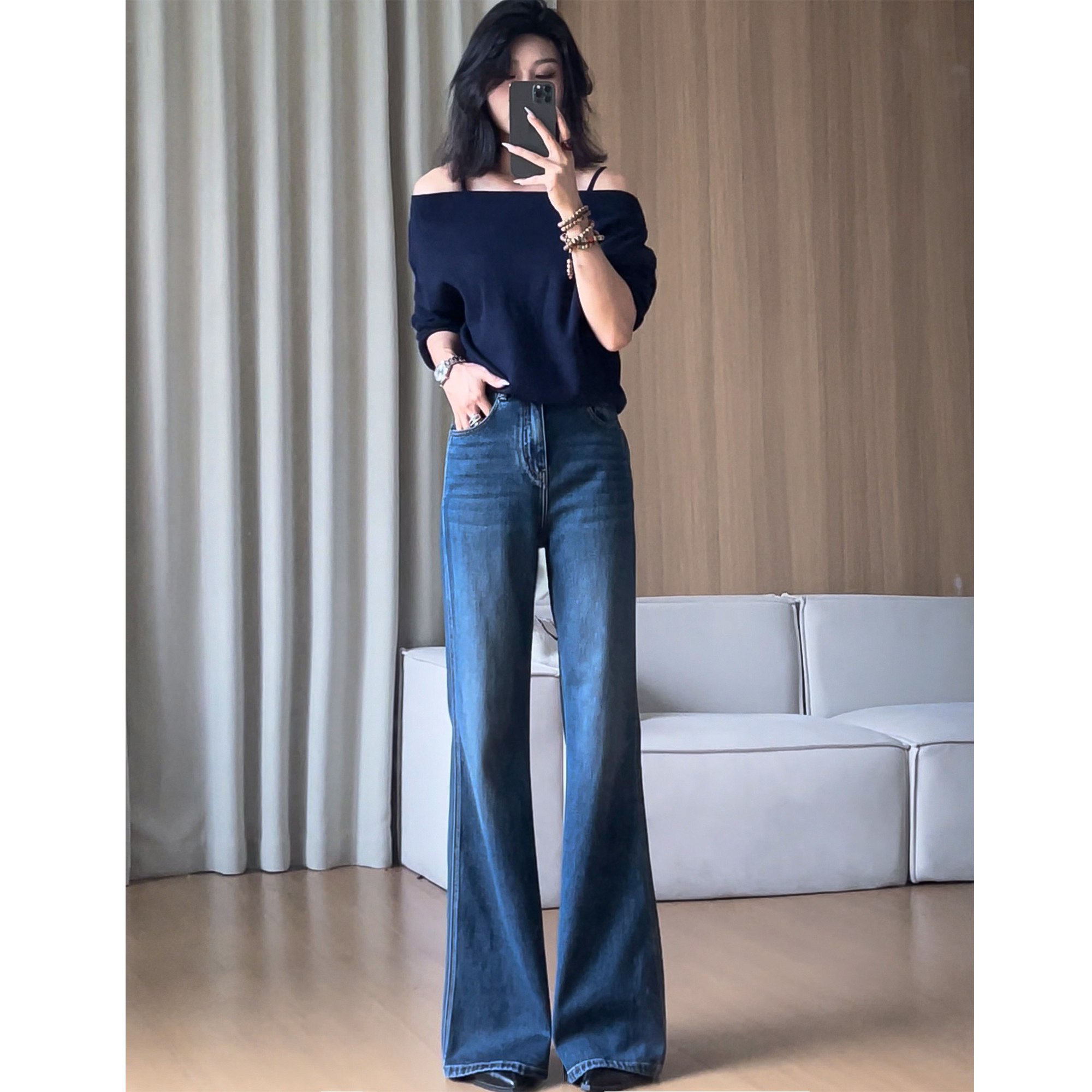 复古丹姆Bingo l 秋冬加绒意大利环保靛蓝秋四面弹高腰喇叭牛仔裤