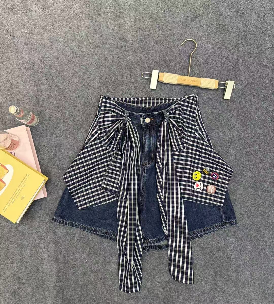 【T.21】拼格子A字牛仔短裤A7379
