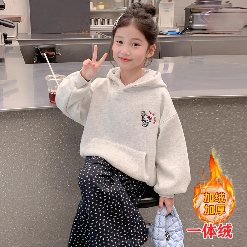 女童加绒帽衫秋冬款卫衣新款洋气童装女孩加厚圆领上衣儿童冬装