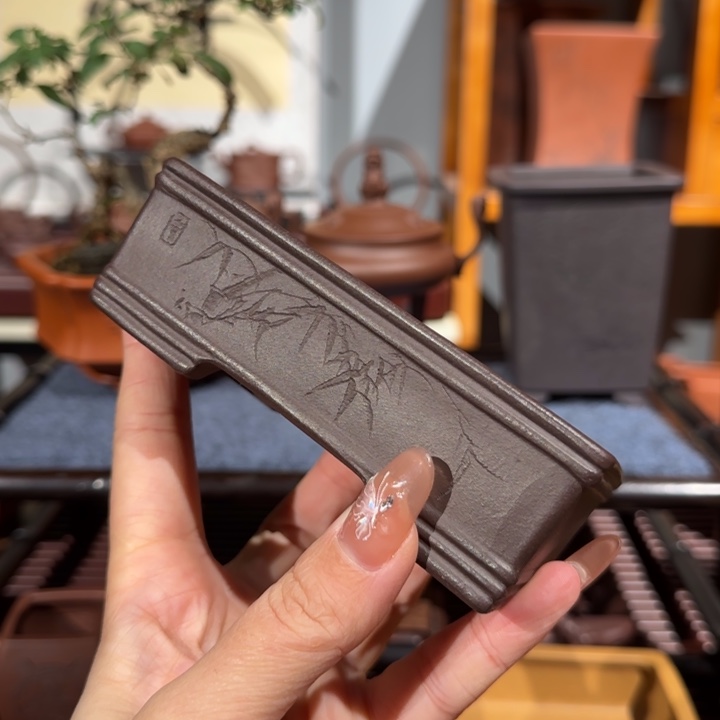 紫砂花盆全手工刻绘