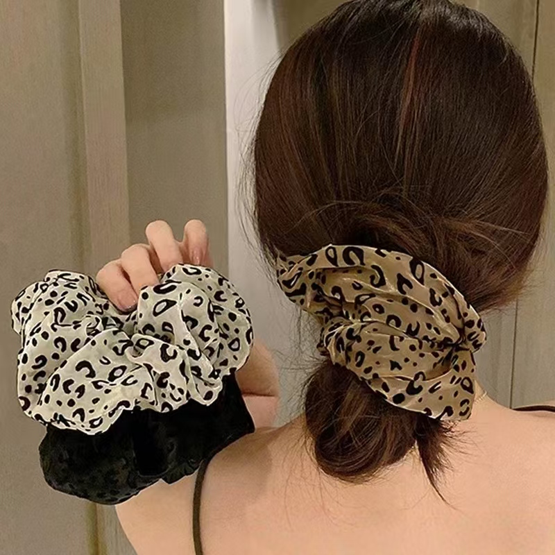 新款欧美时尚网纱植绒豹纹大肠发圈发饰豹点马尾丸子头发圈百搭款