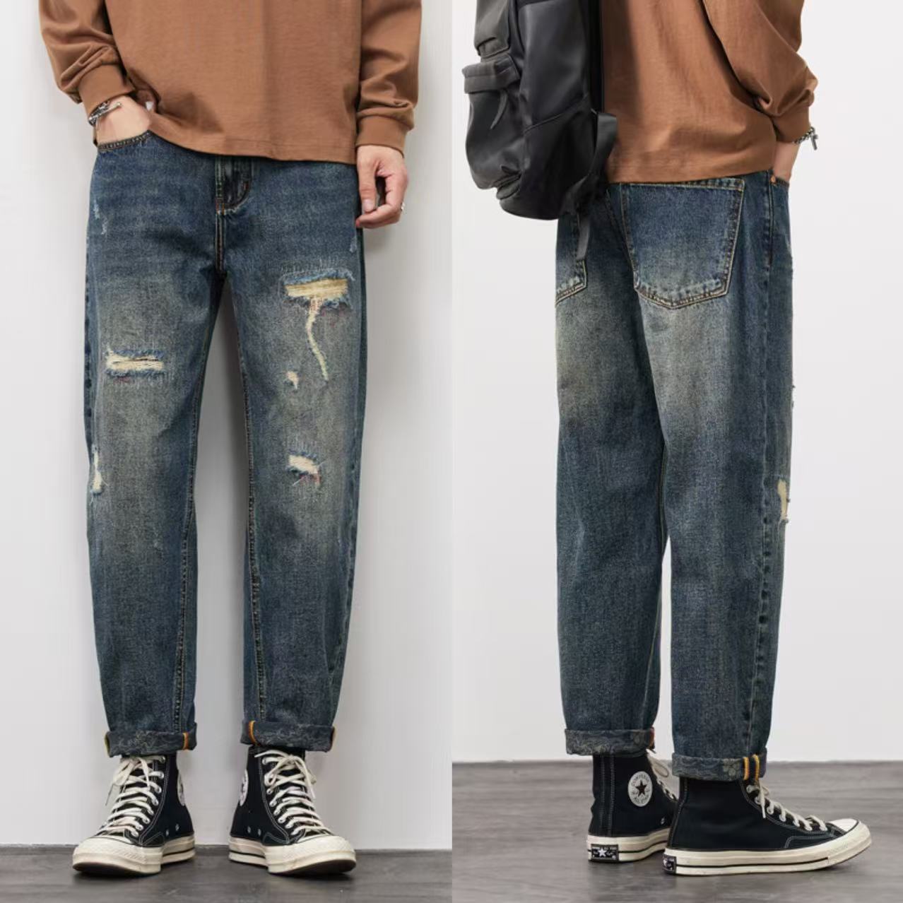 01-49（断码清仓）男款潮牌牛仔裤微锥老爹直筒弯刀宽松百搭修身男