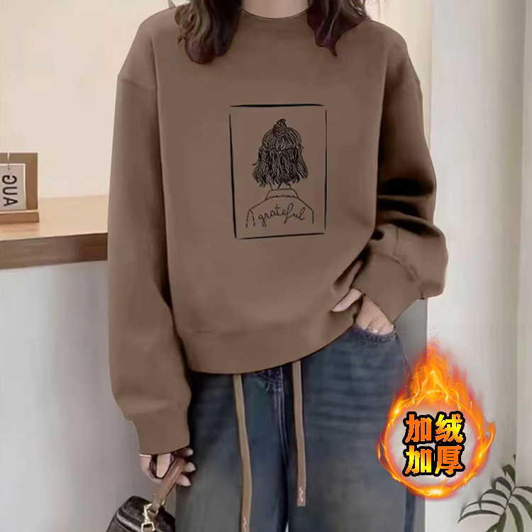 圆领套头加绒加厚印花卫衣女2025春秋季新款洋气宽松韩版正肩上衣
