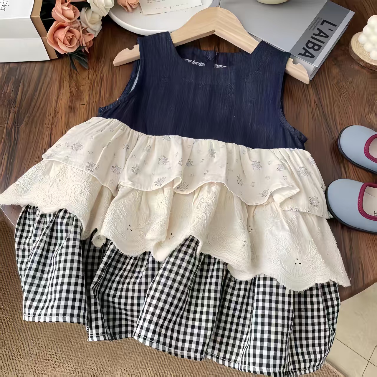 欧若风森系女童无袖背心碎花格子拼接蛋糕裙宝宝连衣裙裙子叠穿女