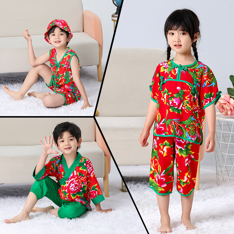 儿童夏季薄款民族风东北大花纯棉绸短袖无袖套装盘扣男女宝宝国潮