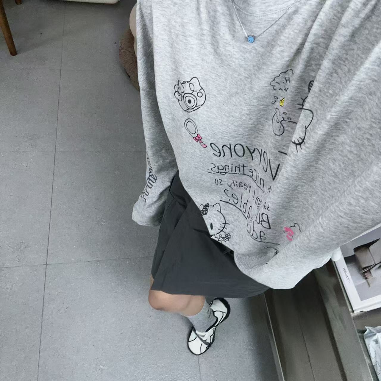 SISTERS【灰色卡通猫咪】灰色猫咪字母卡通长袖百搭显瘦【长度75CM】