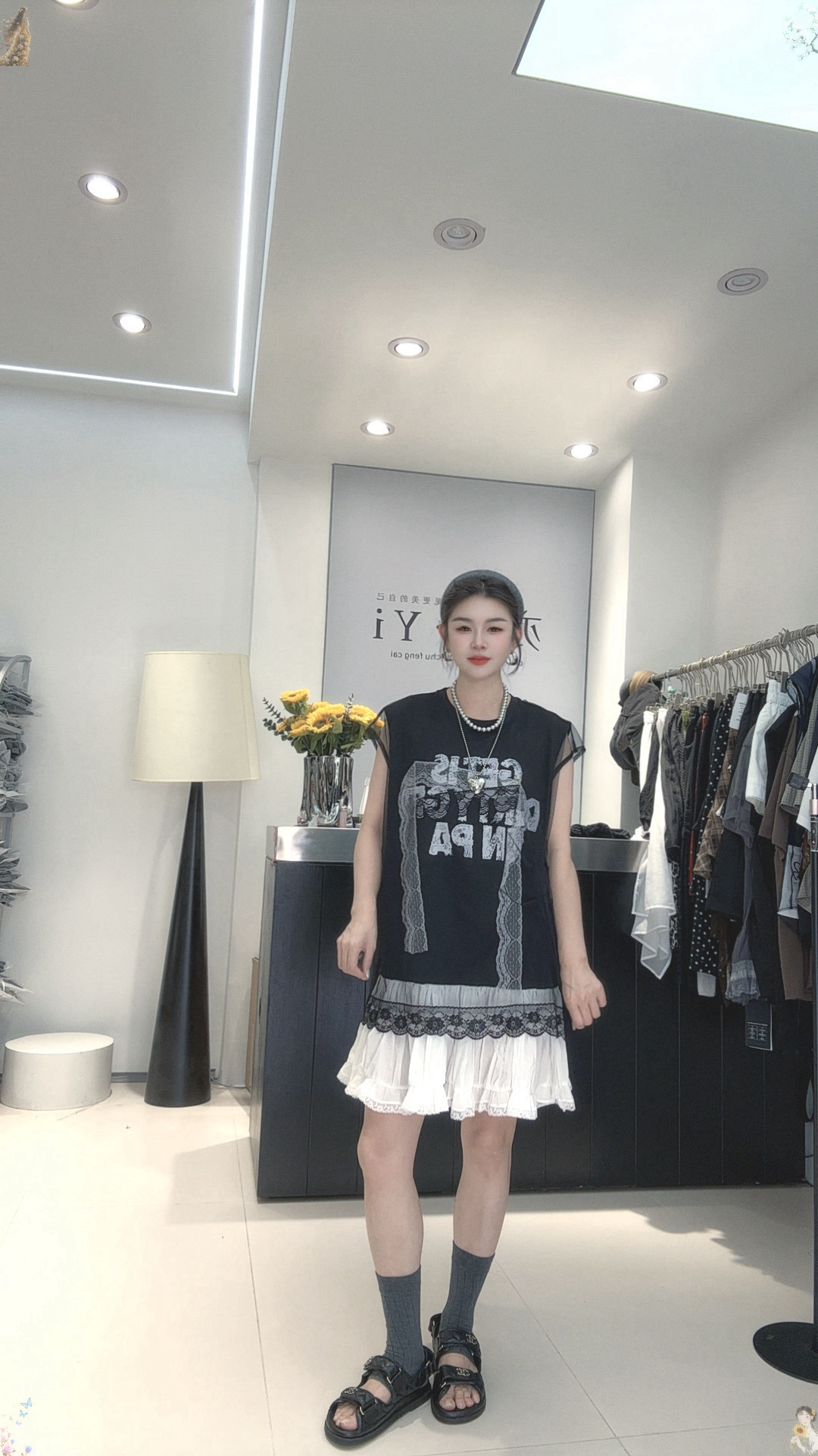 夏季新款洋气显瘦网纱拼接假两件设计感T恤裙