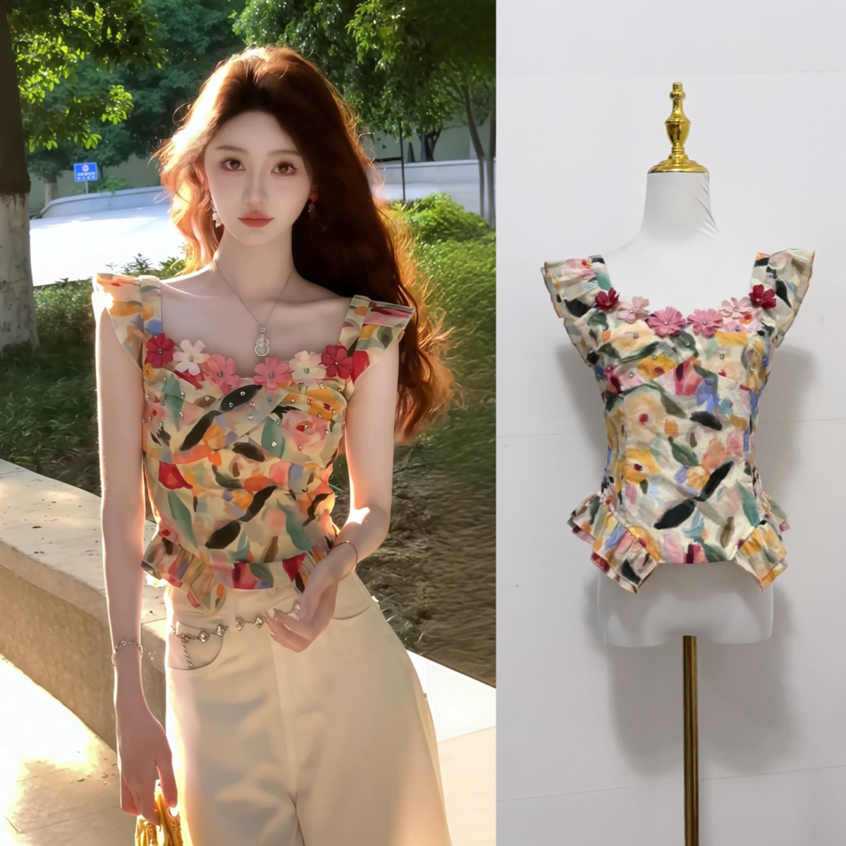 西恩定制●花野迷踪油画重工钉钻花朵上衣吊带预X5DD2011