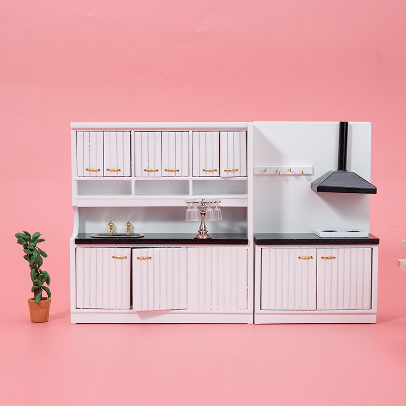 1：12白色厨房料理台三件套迷你小家具摆件DIY模型娃娃屋