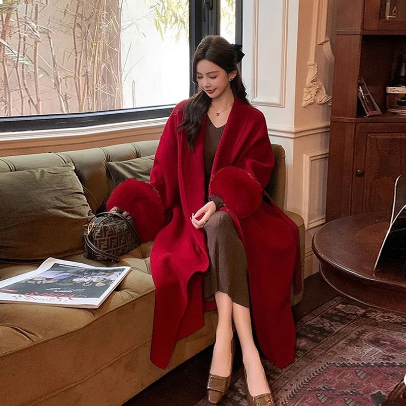 红色2025新款气质双面大衣女高个子加长款仿狐狸毛高级感毛呢外套