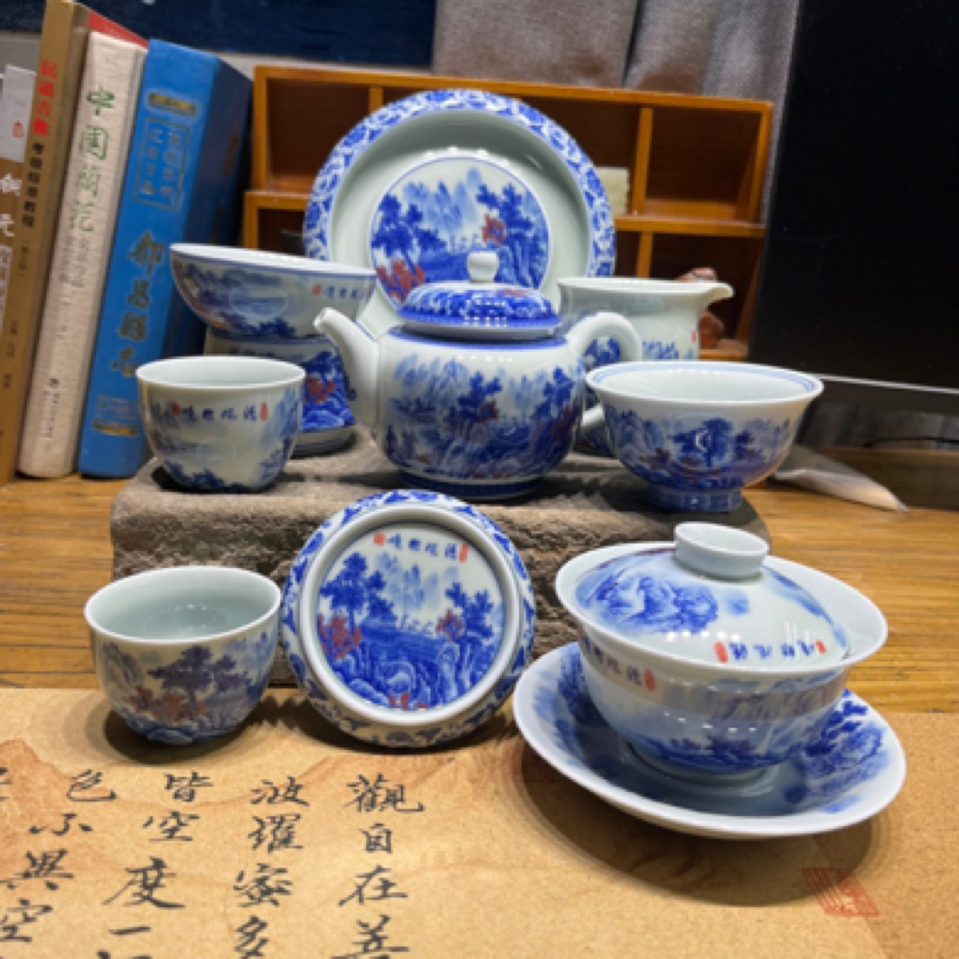 清流胜境釉里红青花山水套组陶瓷茶具