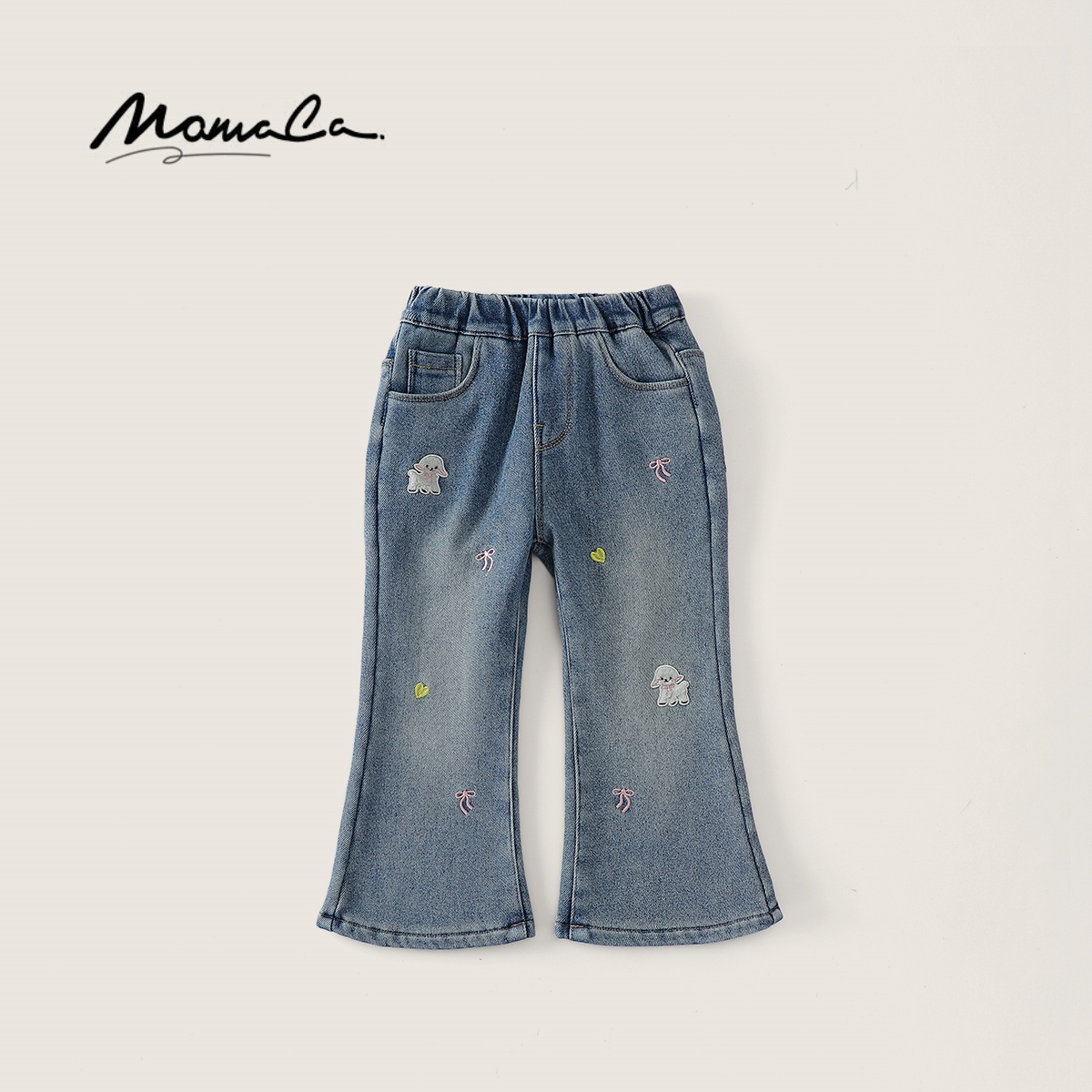 MOMOCO秋冬女童加绒喇叭裤可爱猫咪刺绣微喇牛仔裤77880350002