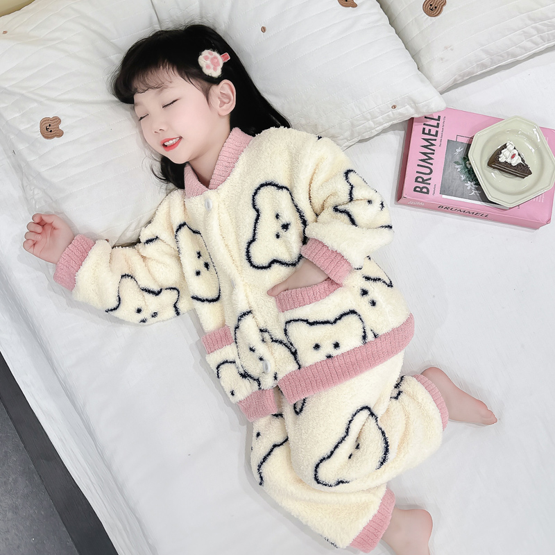女童睡衣秋冬款2025新款珊瑚绒女宝加厚法兰绒冬季儿童家居服套装