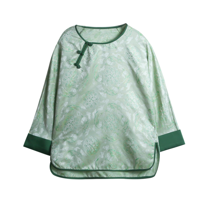 21姆满丝织金异色罗圆领斜襟葫芦扣八分袖新中式上衣12380