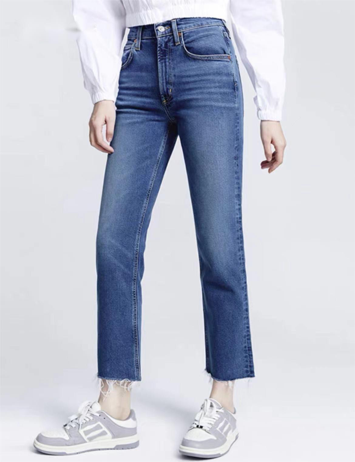 C088 修身百搭直筒裤不规则毛边九分长裤