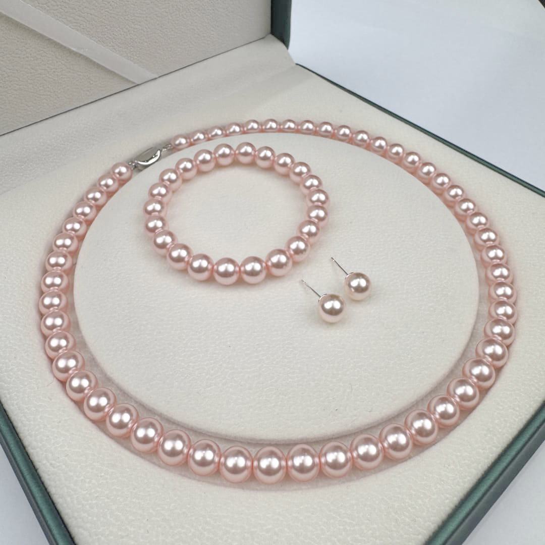 铜合金仿珍珠项链 8-9mm樱花粉元宝扣项链赠手链耳钉TZB613