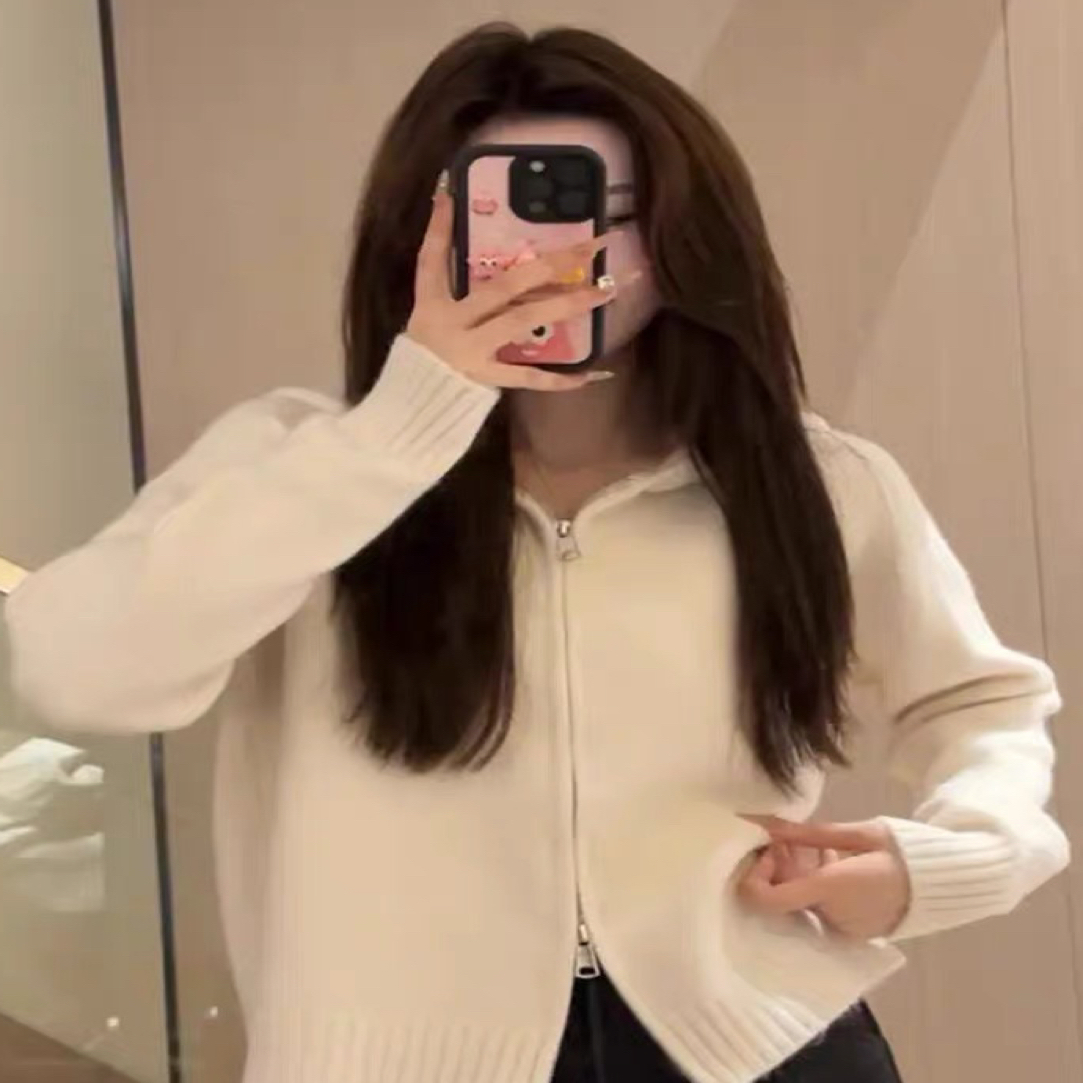 韩系纯色秋季毛针织衫小个子带帽子针织开衫厚款连帽上衣