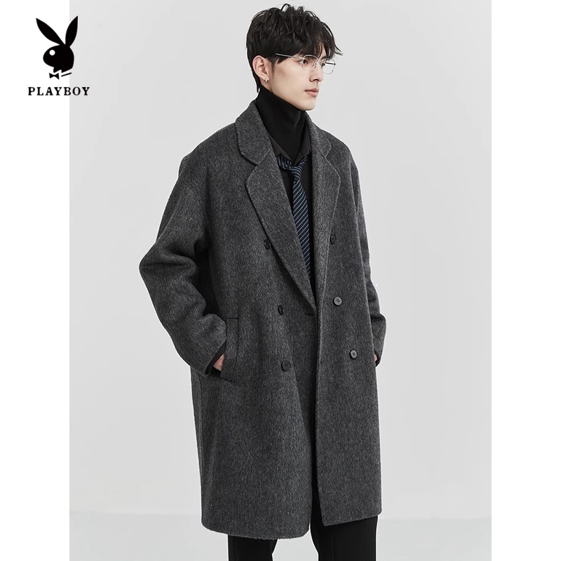 花花公子双面毛呢大衣男士秋季款韩版高级感加厚呢子中长款外套
