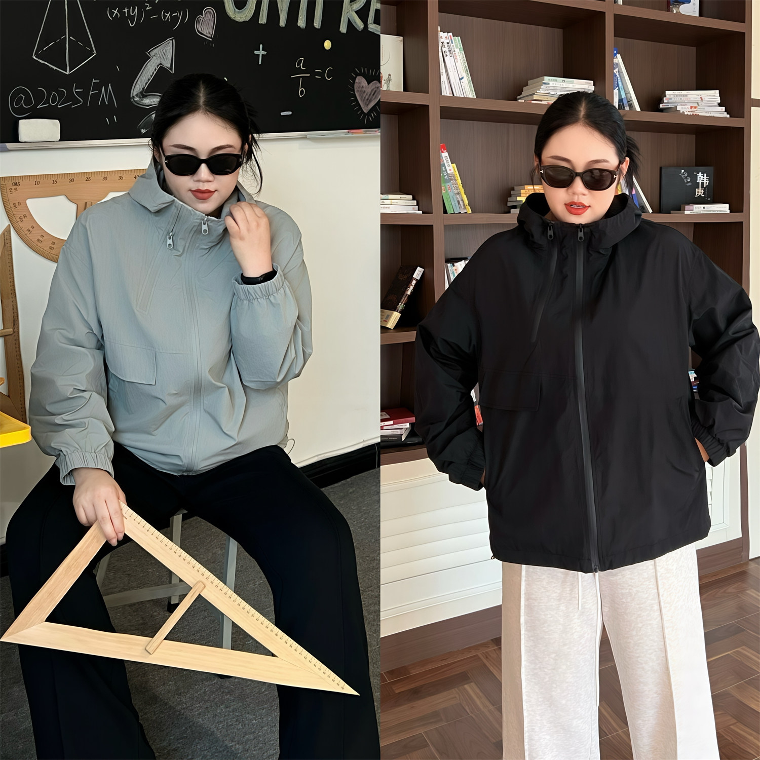 大码女装秋季显瘦花契200斤胖mm美式休闲风连帽冲锋衣外套15421-F