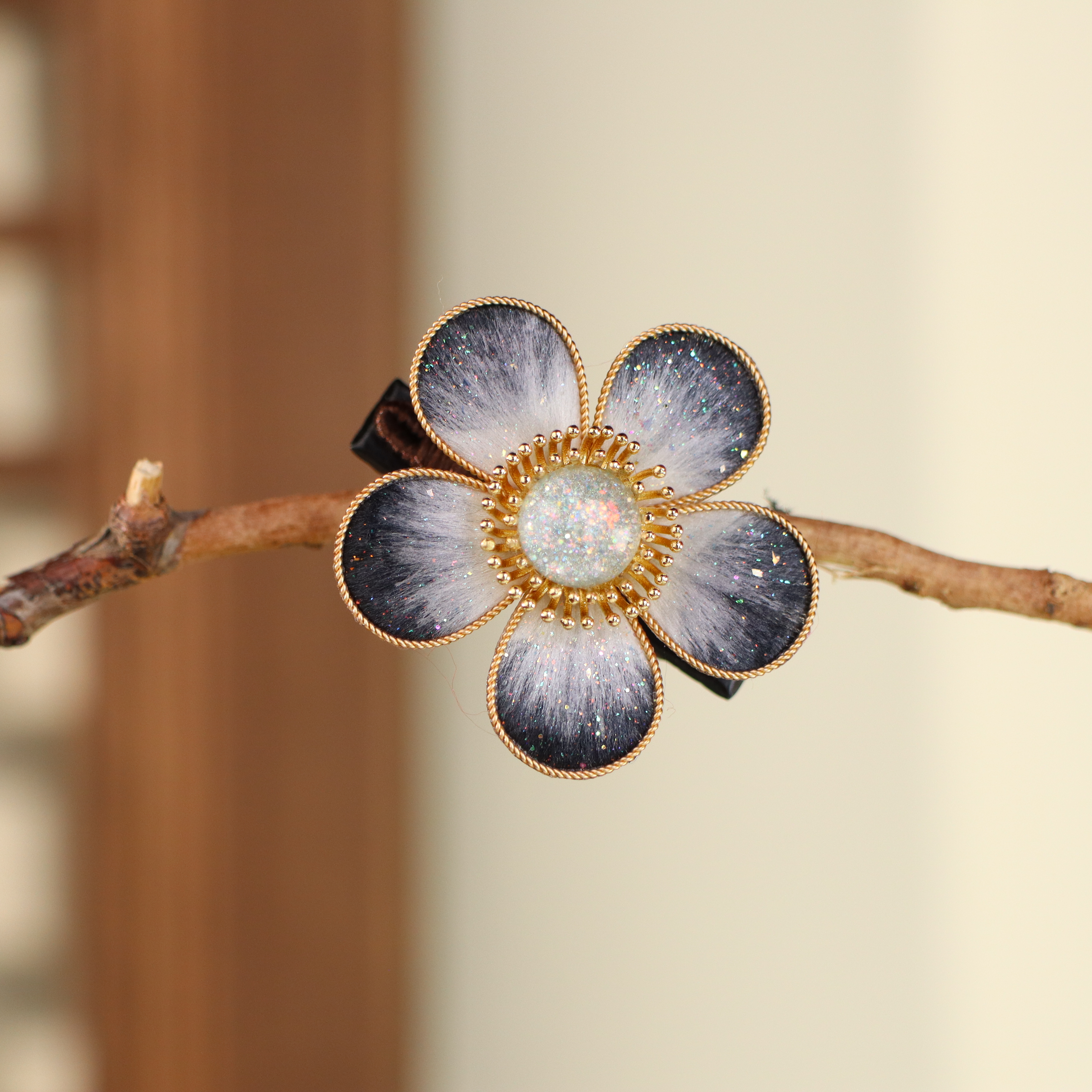 非遗绒花灰黑色小花发夹手工百搭发卡复古