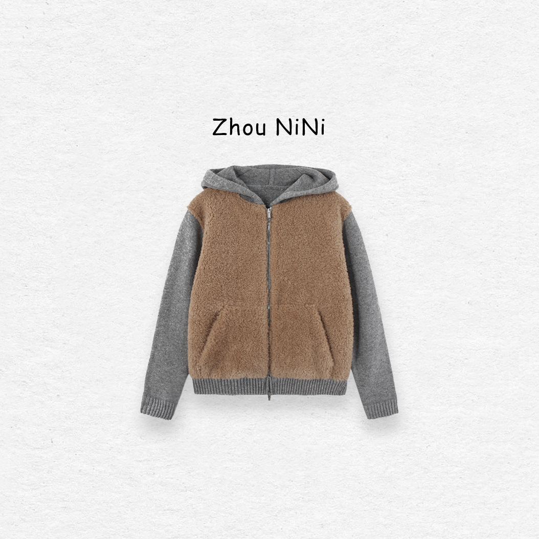 【灰棕百搭】女秋季针织宽松型连帽拉链打底衫加厚羊羔绒立领251011