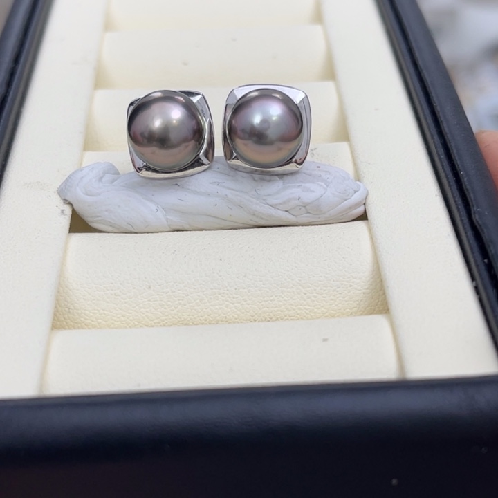 海水珍珠耳饰银S925镶嵌孔雀紫10-11mm