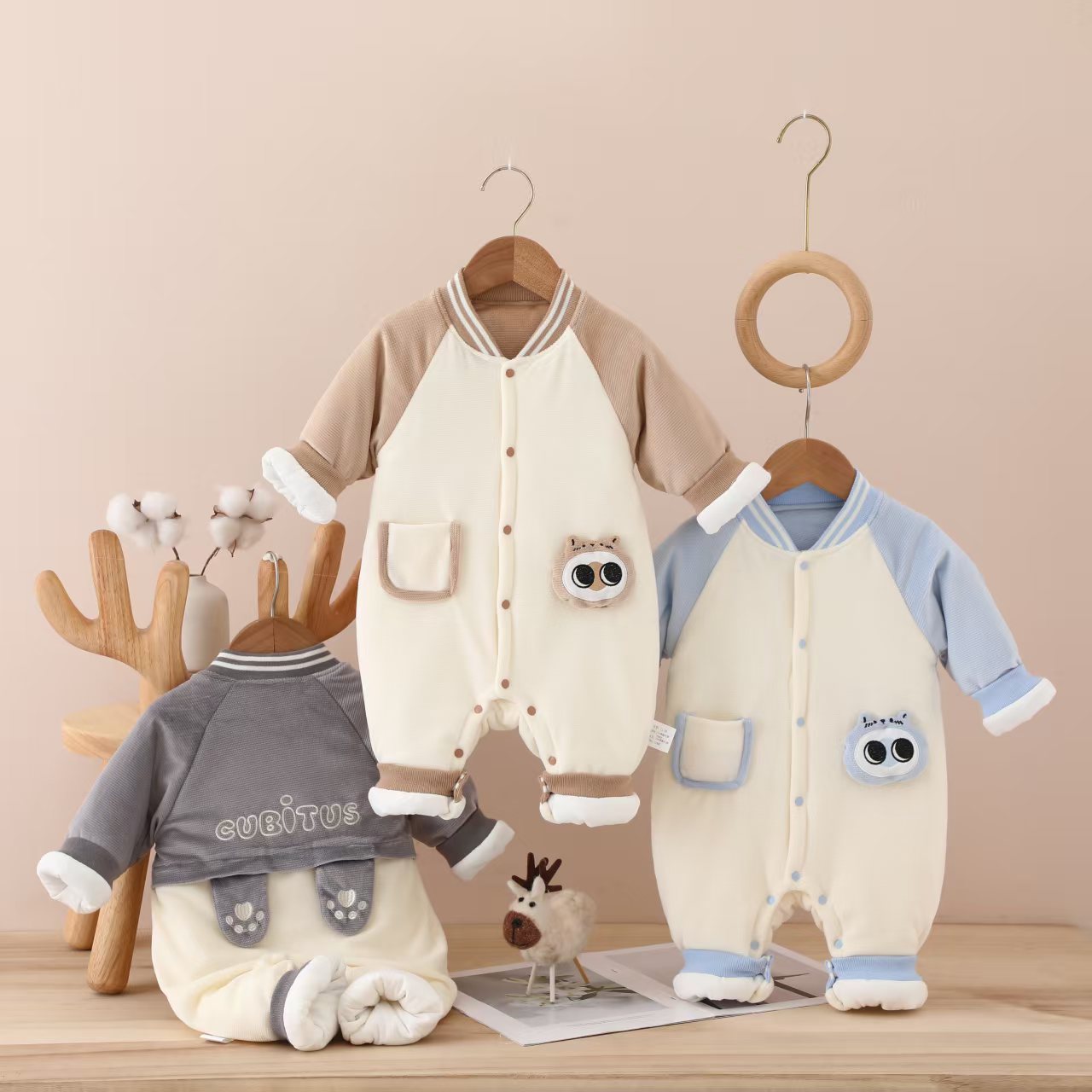 棉衣冬季男爬服秋冬外穿秋冬季加厚舒绒猫头鹰/口袋款连体哈衣