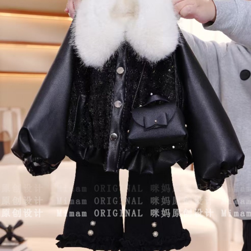 【黑糖雪绒】女童可爱风黑色系冬季加绒加厚时髦保暖套装5Q680HEI