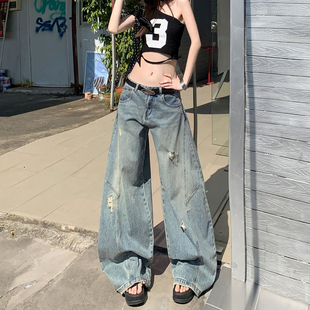 复古解构设计感弯刀牛仔裤女2025秋季新款高街水洗宽松垂感拖地裤