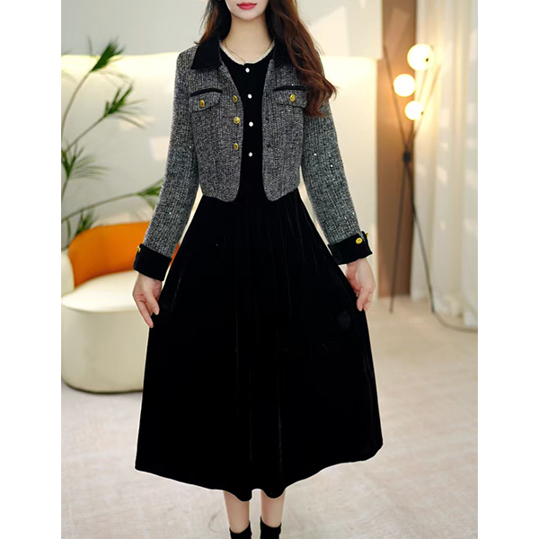 L5905 【退换货运费补贴8元】高级感套装短外套丝绒连衣气质连衣裙