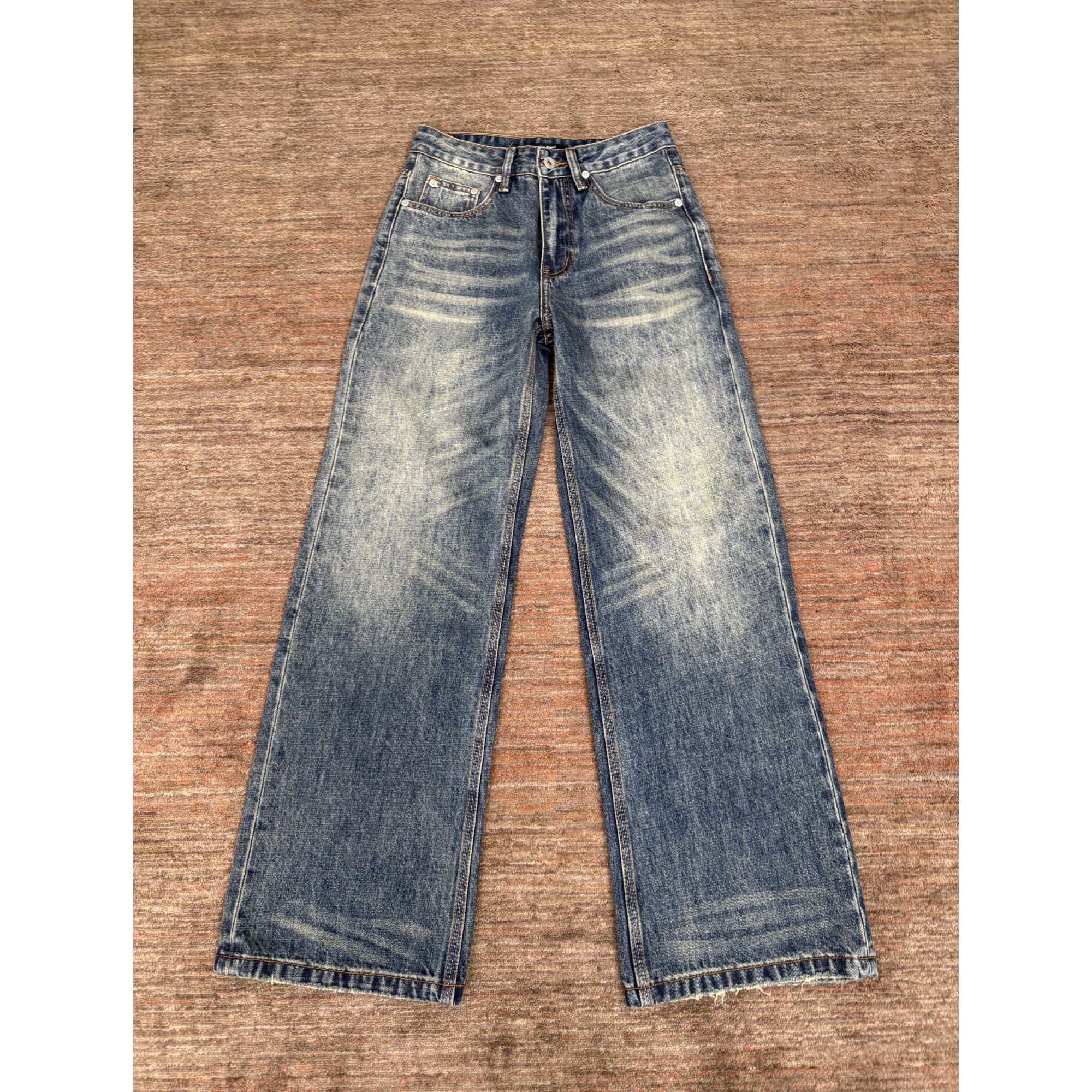 Uninhabitable 立体猫须！后口袋设计！复古直筒裤阔腿裤牛仔裤蓝牛