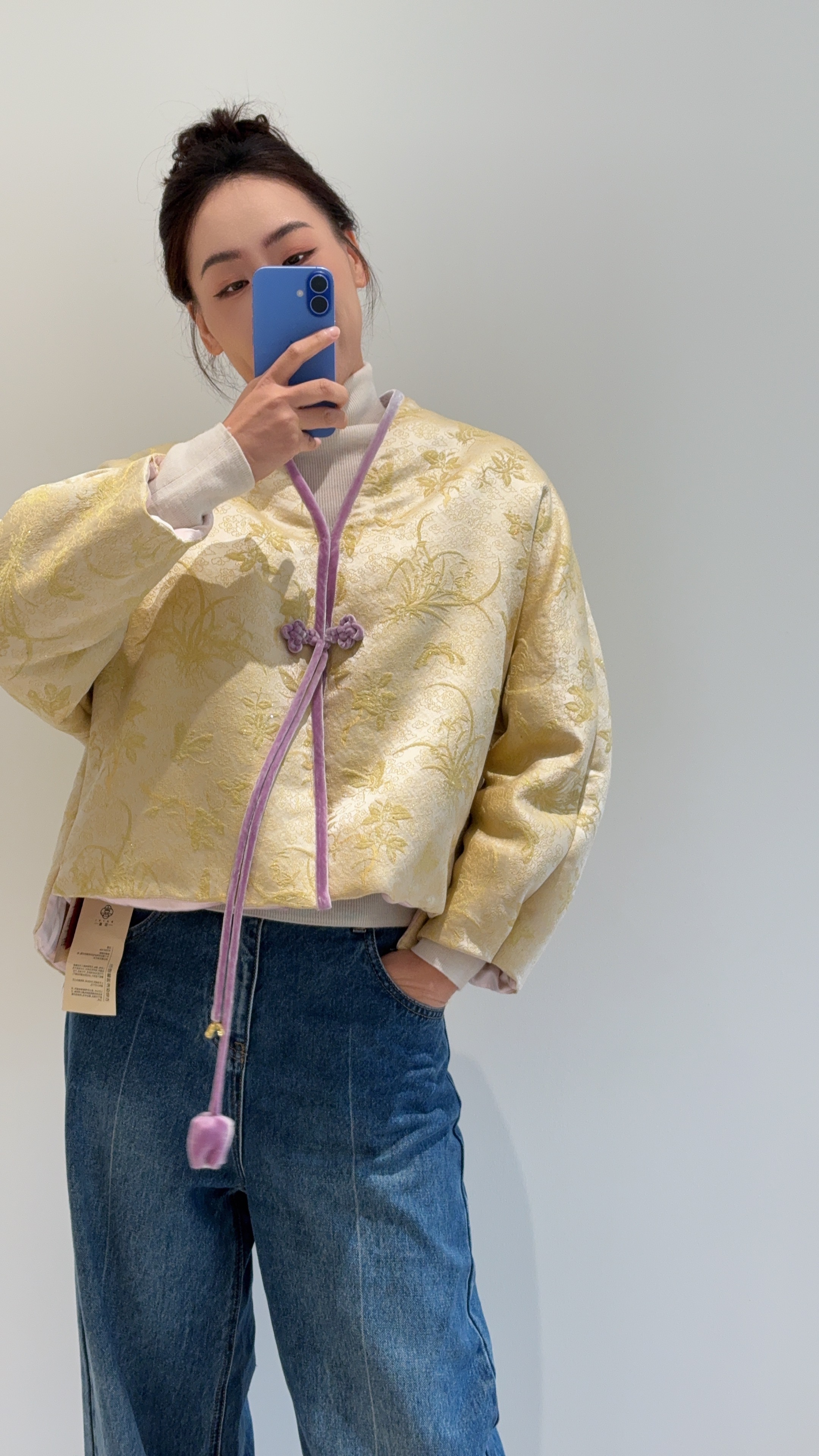 大满家上久楷淡黄色兰桂齐芳丝毛桑蚕丝V领骆驼绒棉服外套新中式