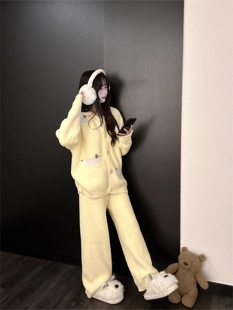 少女甜美腊肠狗半边绒睡衣秋冬款保暖加厚可外穿家休闲居服可外穿