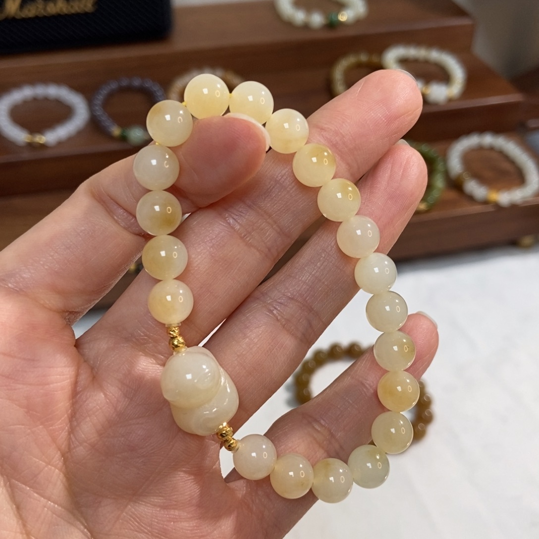 和田玉18K金镶嵌手链8mm糖白精品