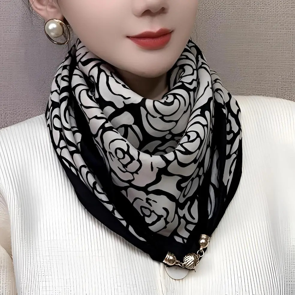 冬季保暖磁吸围脖2025新款高级感三角巾时尚护膝丝巾黑玫瑰丝巾