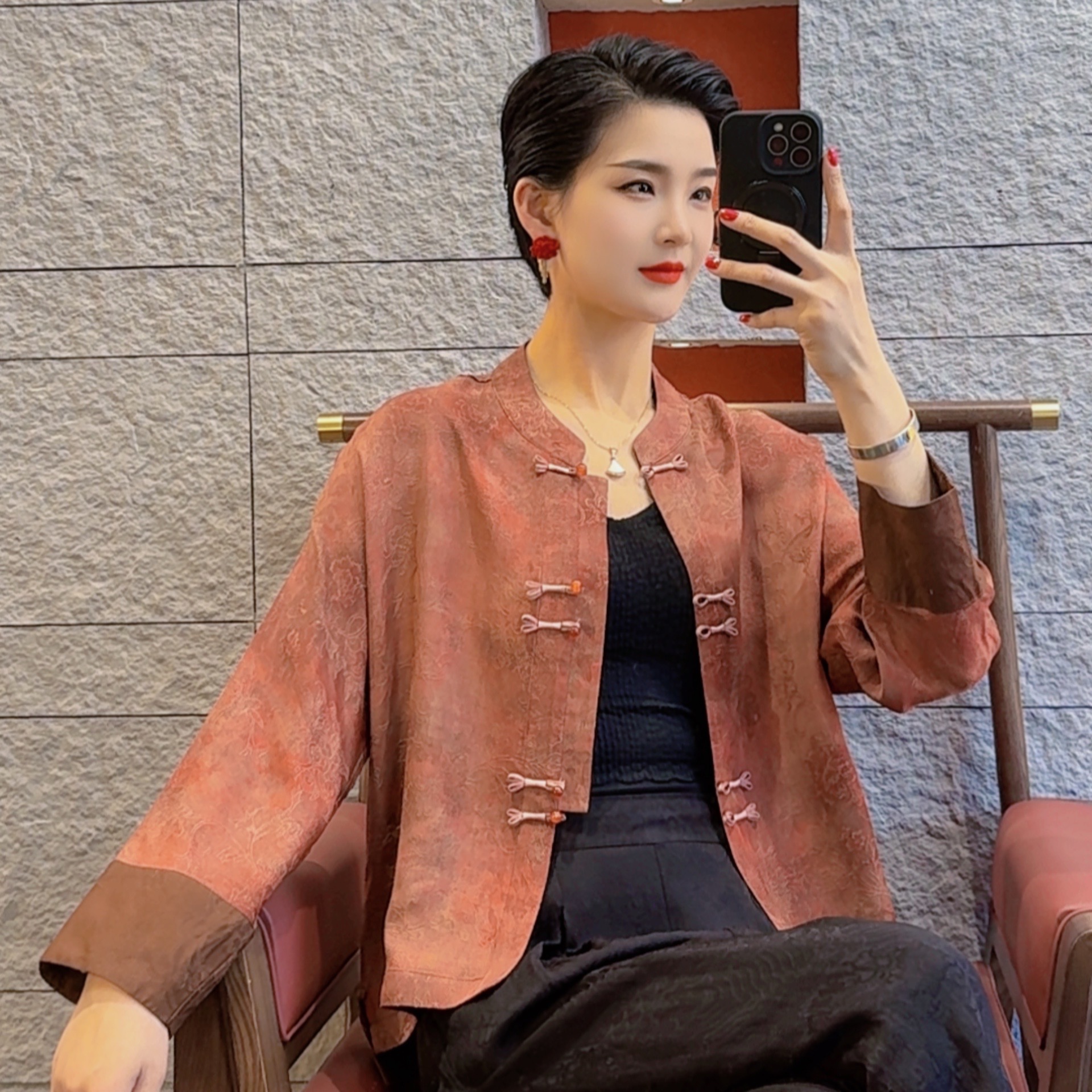 【玉姝】2025新款春季新中式上衣宽松国风提花立领女装气质显瘦外套