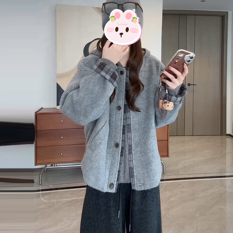 慵懒风单排扣圆领拼接格子短外套女2025冬季新款宽松显瘦减龄上衣