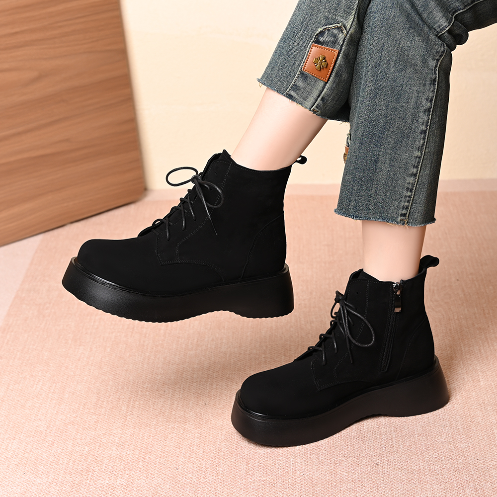 真皮羊皮厚底绒面马丁靴秋冬系带百搭勃肯舒适英伦风短靴保暖棉靴